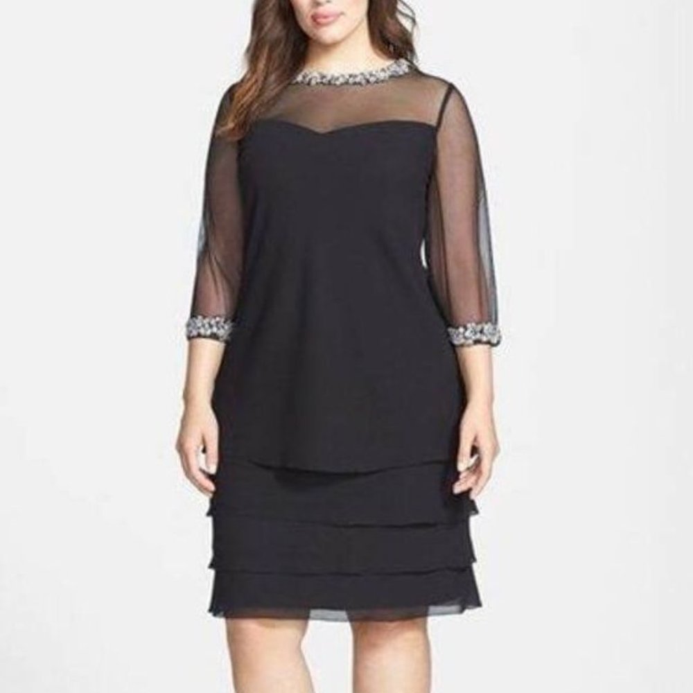Alex Evenings Rhinestone Collar Sweatheart Neckline Sheer Sleeve Dress Size 16